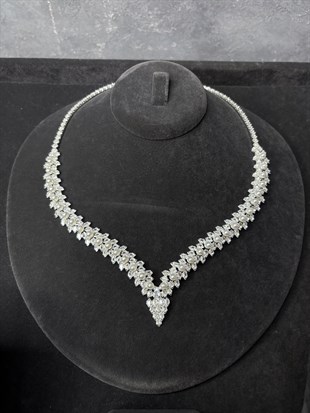 Gümüş Rengi Çift Sıra Su Yolu Zirkon Kolye Küpe Bileklik Set Düğün Takı