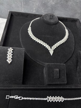Gümüş Rengi Çift Sıra Su Yolu Zirkon Kolye Küpe Bileklik Set Düğün Takı