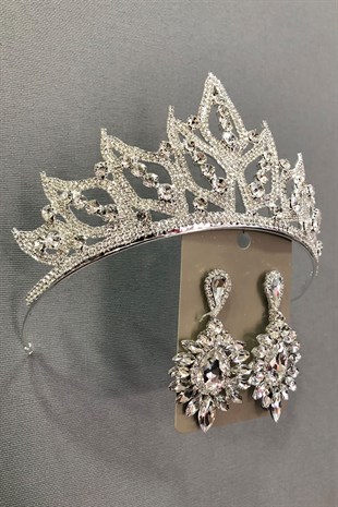 Gümüş Rengi Gelin Tacı ve Küpe Takımı