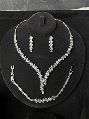 Gümüş Rengi Gümüş Kaplama Zirkon Kolye Küpe Bileklik Set Gelin Düğün Takısı