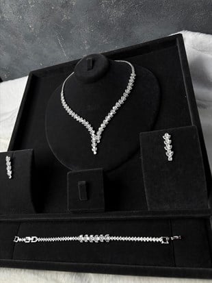 Gümüş Rengi Gümüş Kaplama Zirkon Kolye Küpe Bileklik Set Gelin Düğün Takısı