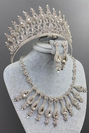 Silver Color Henna Bridal Henna Crown Necklace Earring Set