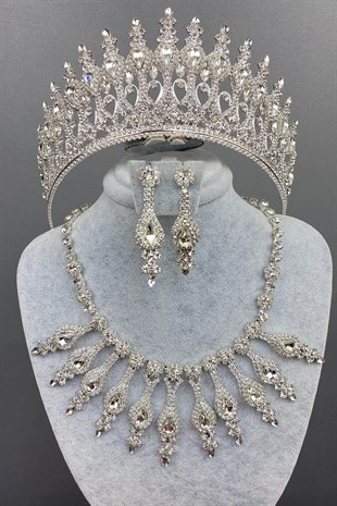 Silver Color Henna Bridal Henna Crown Necklace Earring Set