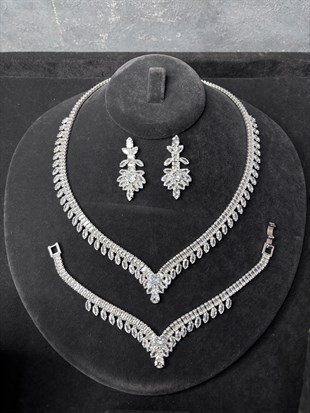 Gümüş Rengi Işıltılı Zirkon Kolye Küpe Bileklik 3lü Set / Takı Seti Düğün Nişan Kına Takı