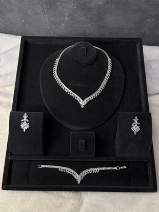 Gümüş Rengi Işıltılı Zirkon Kolye Küpe Bileklik 3lü Set / Takı Seti Düğün Nişan Kına Takı