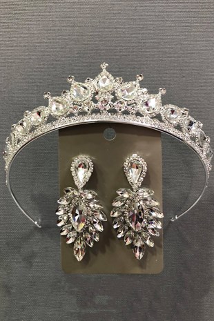 Gümüş Rengi Kristal Cam Taşlı Gümüş Rengi Kına Tacı Ve Küpe Takımı