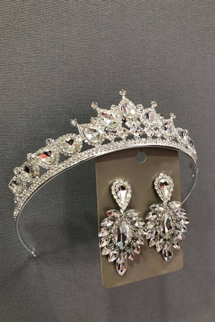 Gümüş Rengi Kristal Cam Taşlı Gümüş Rengi Kına Tacı Ve Küpe Takımı