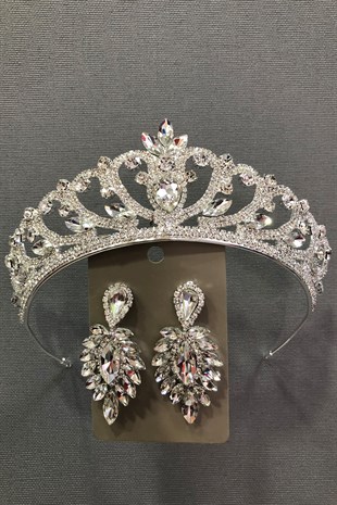 Gümüş Rengi Kristal Taşlı Gümüş Rengi Gelin Tacı Ve Küpe Takımı
