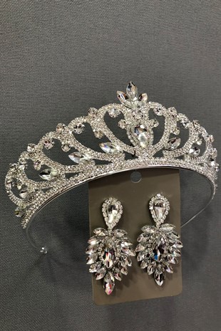 Gümüş Rengi Kristal Taşlı Gümüş Rengi Gelin Tacı Ve Küpe Takımı