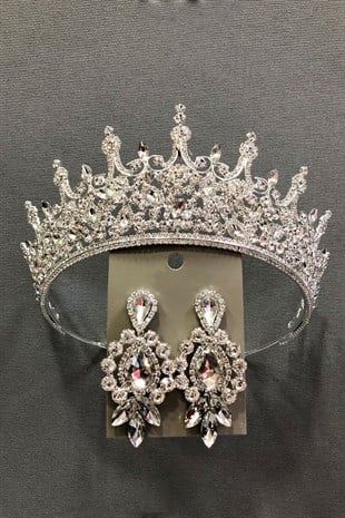 Silver Color Crystal Stone Metal Case Bridal Crown and Earring Set