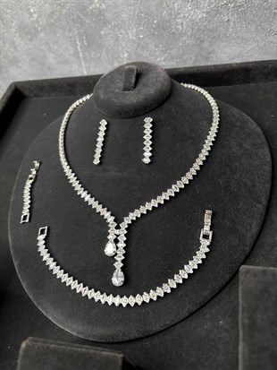 Gümüş Rengi Kristal Zirkon Kolye Küpe Bileklik 3lü Set / Takı Seti Şık Zarif Davet Takı