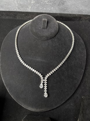 Gümüş Rengi Kristal Zirkon Kolye Küpe Bileklik 3lü Set / Takı Seti Şık Zarif Davet Takı