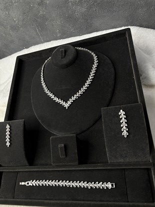 Gümüş Rengi Modern Zirkon Kolye Küpe Bileklik Set Şık 3lü Set / Takı Seti Abiye Gelin Takı