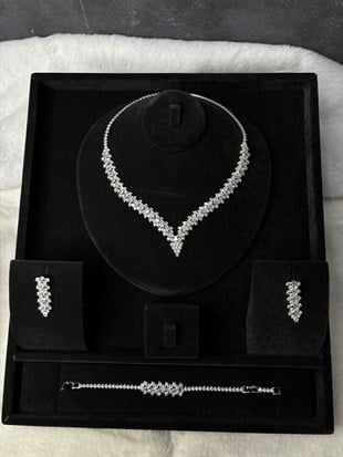 Gümüş Rengi Özel Tasarım Zirkon Kolye Küpe Bileklik 3lü Set / Takı SetiAbiye Düğün Takı