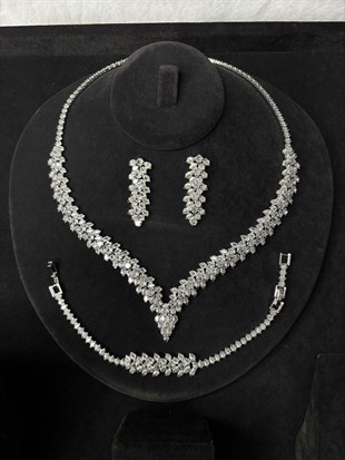 Gümüş Rengi Özel Tasarım Zirkon Kolye Küpe Bileklik 3lü Set / Takı SetiAbiye Düğün Takı
