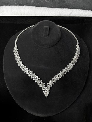 Gümüş Rengi Özel Tasarım Zirkon Kolye Küpe Bileklik 3lü Set / Takı SetiAbiye Düğün Takı