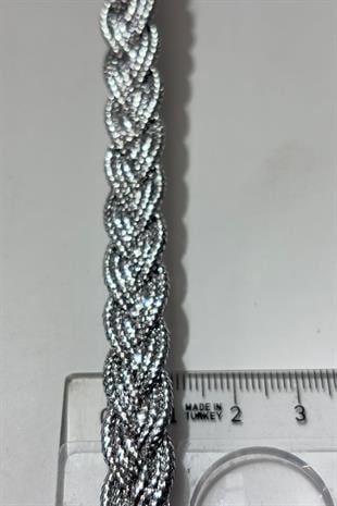 Gümüş Rengi  Saç Örgüsü Simli Şerit Biye Su Taşı