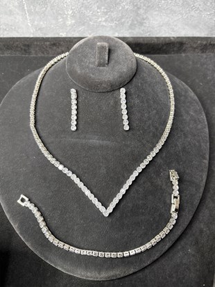 Gümüş Rengi Zirkon Kolye Küpe Bileklik 3lü Set / Takı Seti Abiye Düğün Takı