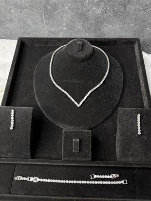 Gümüş Rengi Zirkon Kolye Küpe Bileklik 3lü Set / Takı Seti Abiye Düğün Takı