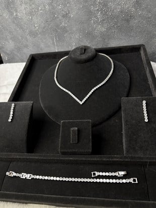 Gümüş Rengi Zirkon Kolye Küpe Bileklik 3lü Set / Takı Seti Abiye Düğün Takı