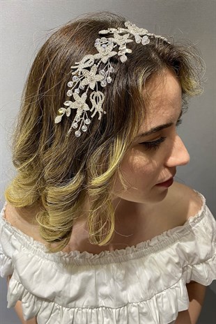 Gümüş Renk Lale Desenli Kristal Boncuklu Gelin Tacı