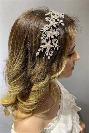 Gümüş Renk Lale Desenli Kristal Boncuklu Gelin Tacı