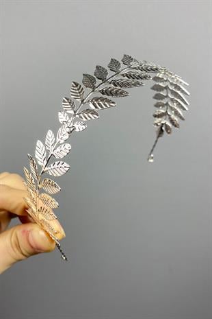 Gümüş Renk Metal İnce Yapraklı Tasarım Gelin Tacı Saç Aksesuarı