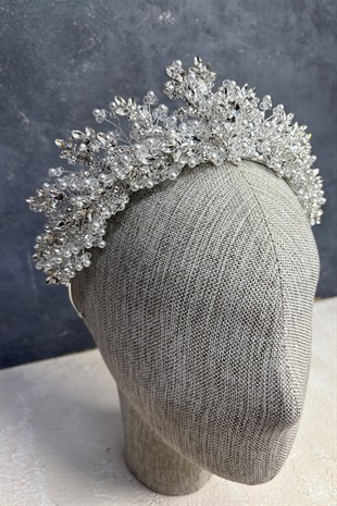 Gümüş Renk Serva Yoğun Boncuk İşlemeli Tasarım Gelin Kına Tacı