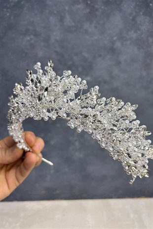 Gümüş Renk Serva Yoğun Boncuk İşlemeli Tasarım Gelin Kına Tacı