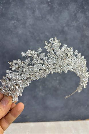 Gümüş Renk Serva Yoğun Boncuk İşlemeli Tasarım Gelin Kına Tacı