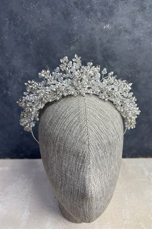 Gümüş Renk Serva Yoğun Boncuk İşlemeli Tasarım Gelin Kına Tacı