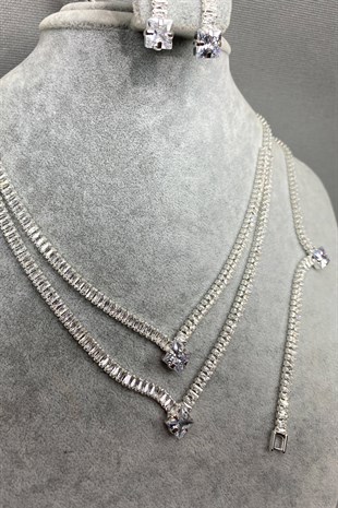 Silver Color Vella Zircon Baguette Stone Necklace, Bracelet and Earring Set