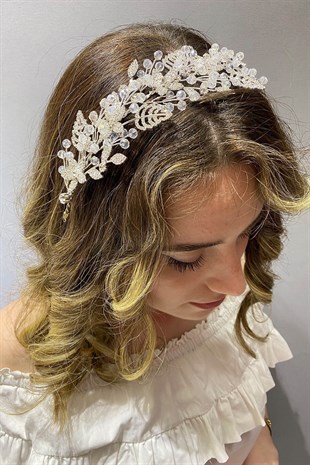 Gümüş Renk Yaprak Dallı Kristalli Gelin Tacı