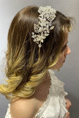 Gümüş Renk Yaprak Dallı Kristalli Gelin Tacı