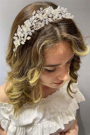 Gümüş Renk Yaprak Dallı Kristalli Gelin Tacı