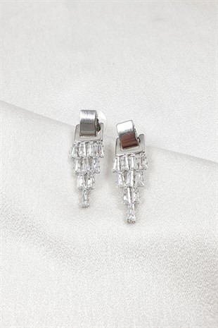 Gümüş Renkli Baget Taşlı Sallantılı Küpe