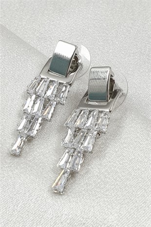 Gümüş Renkli Baget Taşlı Sallantılı Küpe