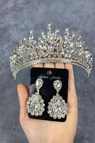 Gümüş Rio Taşlı Gelin Tacı Ve Abiye Küpe Set