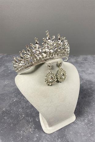 Gümüş Rio Taşlı Gelin Tacı Ve Abiye Küpe Set