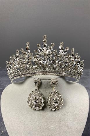 Gümüş Rio Taşlı Gelin Tacı Ve Abiye Küpe Set