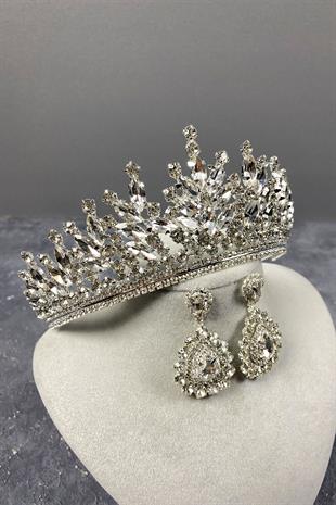 Gümüş Rio Taşlı Gelin Tacı Ve Abiye Küpe Set