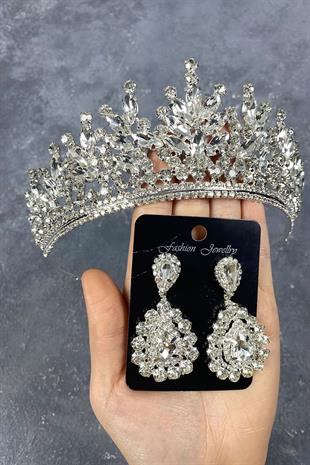 Gümüş Rio Taşlı Gelin Tacı Ve Abiye Küpe Set