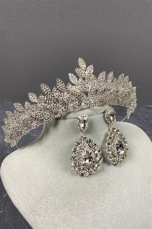 Silver Sara Bridal Tiara and Drop Stone Earring