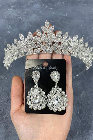 Silver Sara Bridal Tiara and Drop Stone Earring