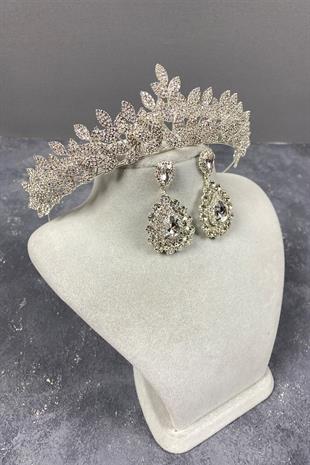 Silver Sara Bridal Tiara and Drop Stone Earring