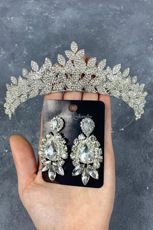 Silver Sara Bridal Crown And Earring With Dense Stones