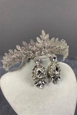 Silver Sara Bridal Crown And Earring With Dense Stones