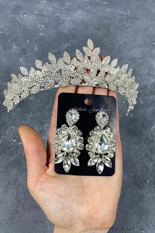 Silver Sara Bridal Crown And Earring With Dense Stones