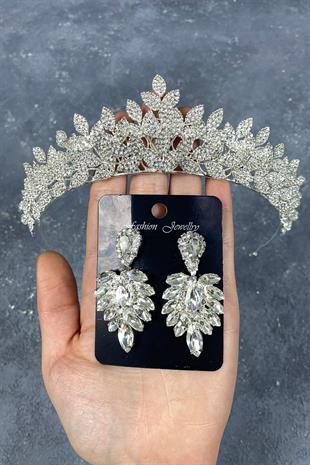 Silver Sara Dense Stone Bridal Crown And Earring Set