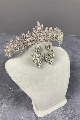 Silver Sara Dense Stone Bridal Crown And Earring Set